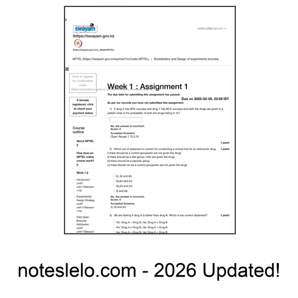 Biostatistics and Design of experiments NPTEL Question Bank