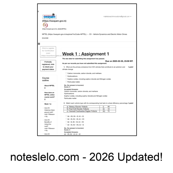 EV - Vehicle Dynamics and Electric Motor Drives NPTEL Question Bank